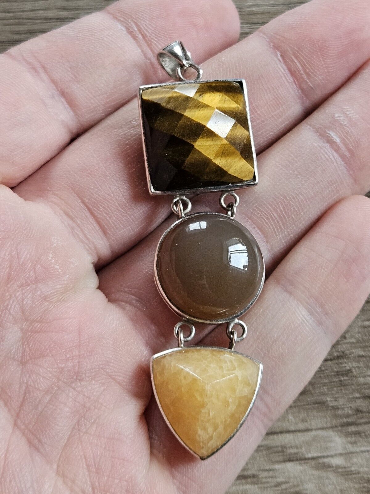 Sterling Silver 925 Pendant With Large Stones - Tigers Eye, Amber?