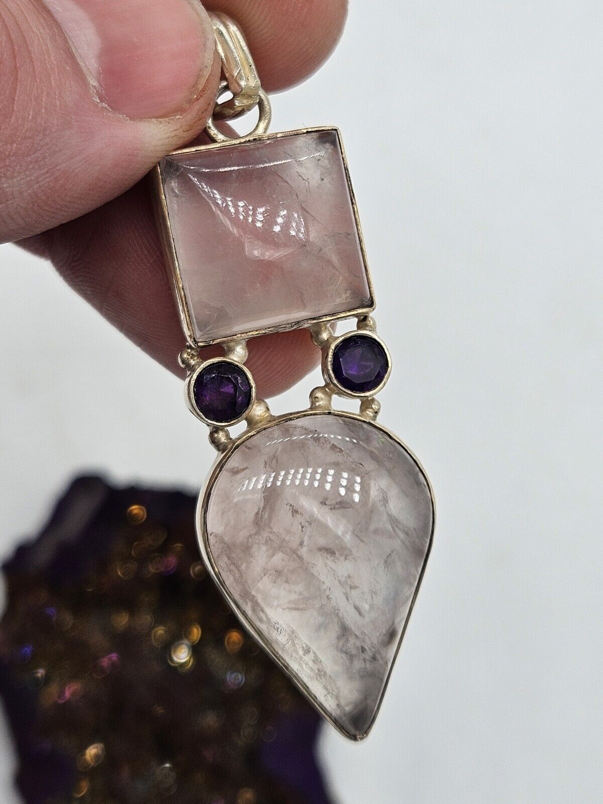 Silver 925 Huge Rose Quartz And Purple Amethyst Pendant.