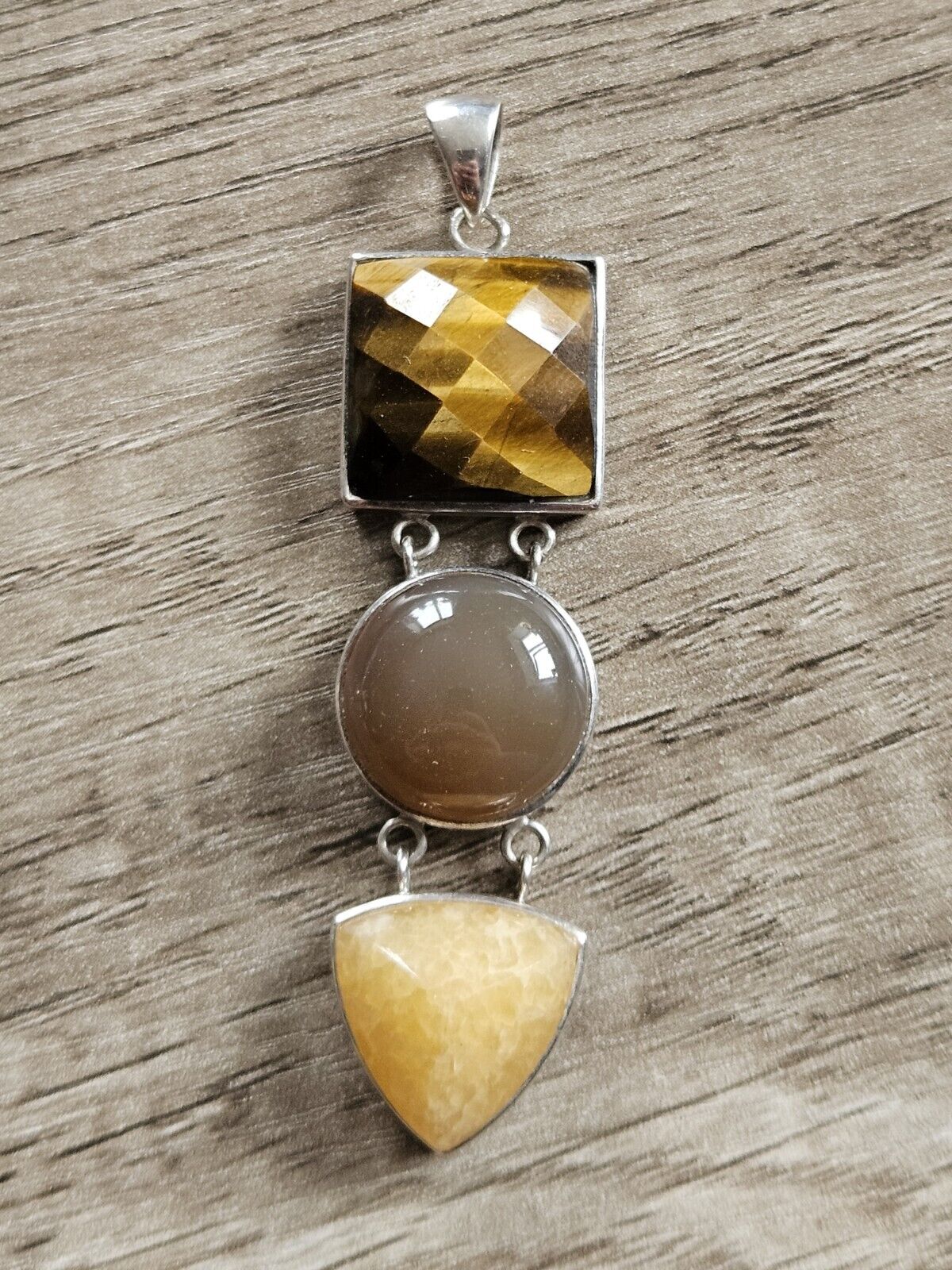 Sterling Silver 925 Pendant With Large Stones - Tigers Eye, Amber?