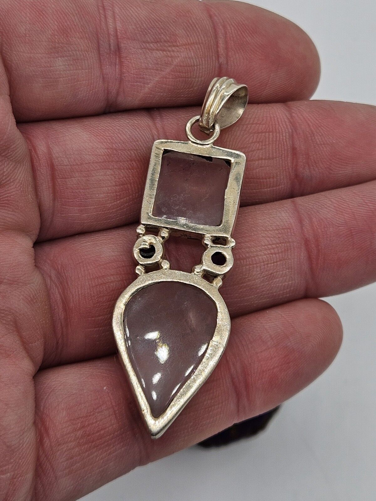 Silver 925 Huge Rose Quartz And Purple Amethyst Pendant.