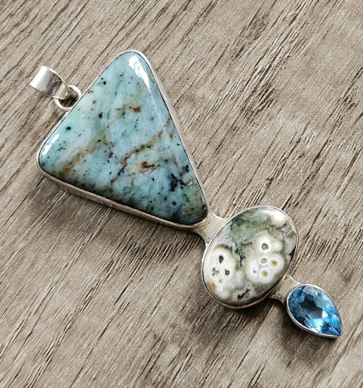 Sterling Silver 925 Pendant With Large Stones - Amazonite, Ocean Jasper?