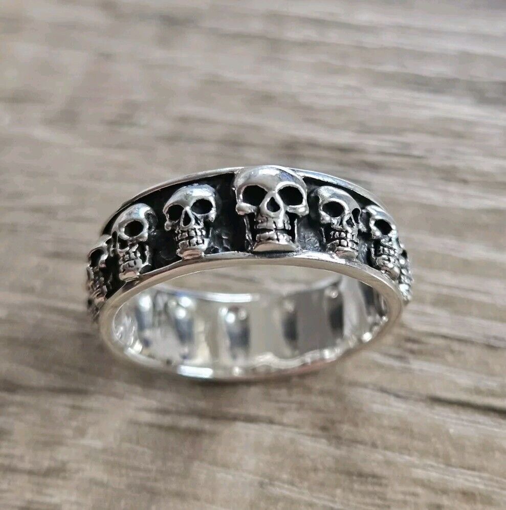 Skull, Skulls Band ring, sterling silver 925. Size T 1/2, NEW.