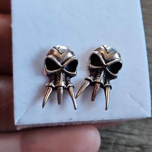 Pair of Solid 925 Sterling Silver Skull Monster Stud Earrings
