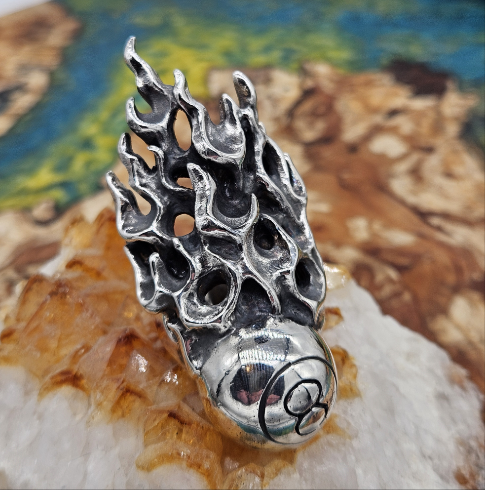Huge Flaming Eightball Ring - 80 Grams, UK Size W, Wildcat Collection.