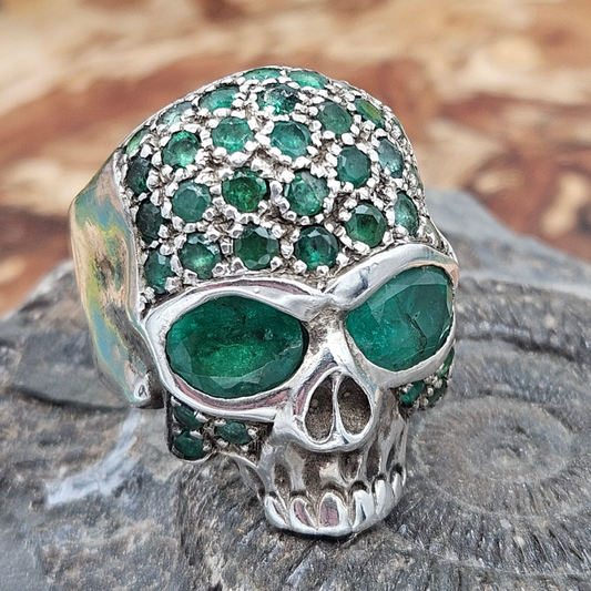 Vintage "Lena K" Skull Ring - UK Size V, Silver 925, Green Stones