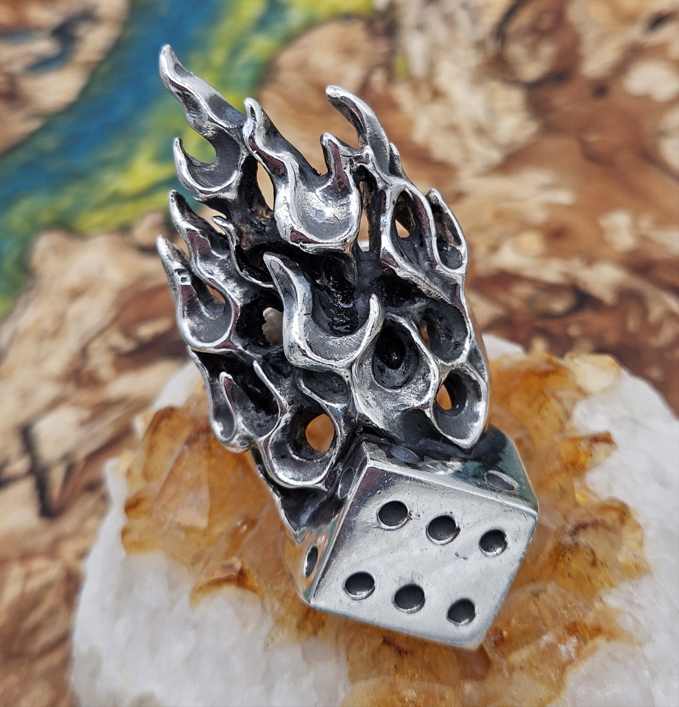 Huge Flaming Dice Ring - 89 Grams, UK Size Z+7