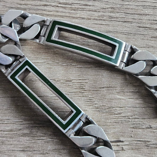 Mappin and Webb Green Enamel Mens I.D Sterling Silver Bracelet.