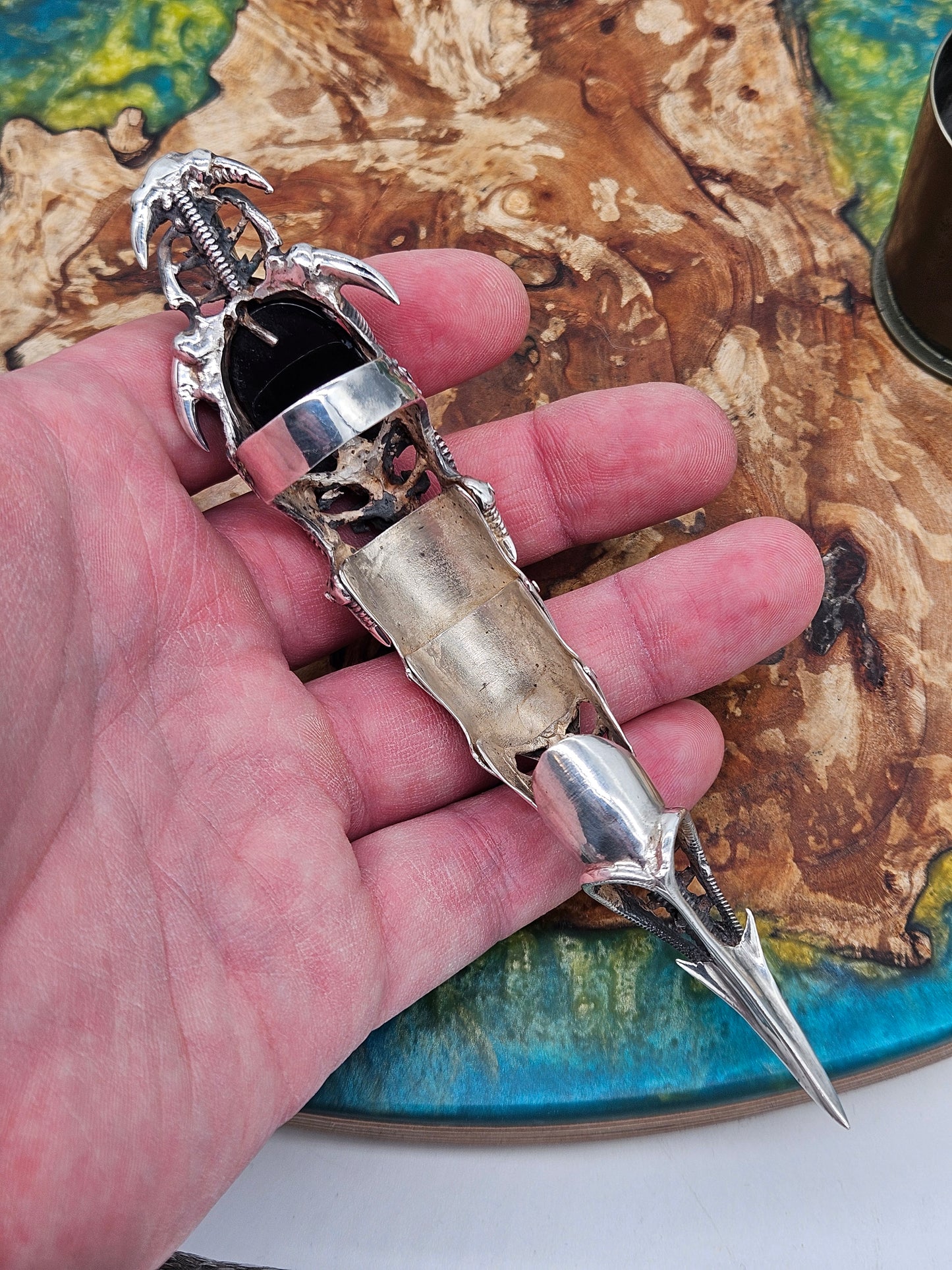 Biomechanical Silver 925 Armour Ring. Gothic, Full Finger, Onyx Stone. 80g+