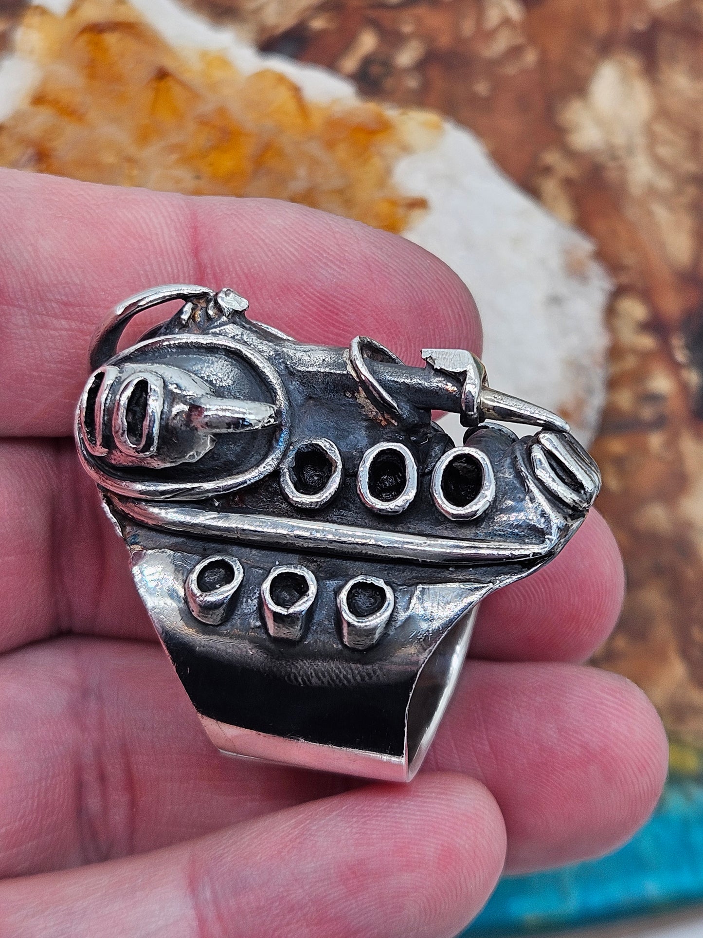 Silver 925 Insectoid Engine ring By Mike Turner. Size X, Wildcat. Heavy! 57g