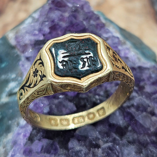 Victorian 18ct Yellow Gold Intaglio Seal Ring, Engraved Blood Stone, UK Size O ½, 6.25g