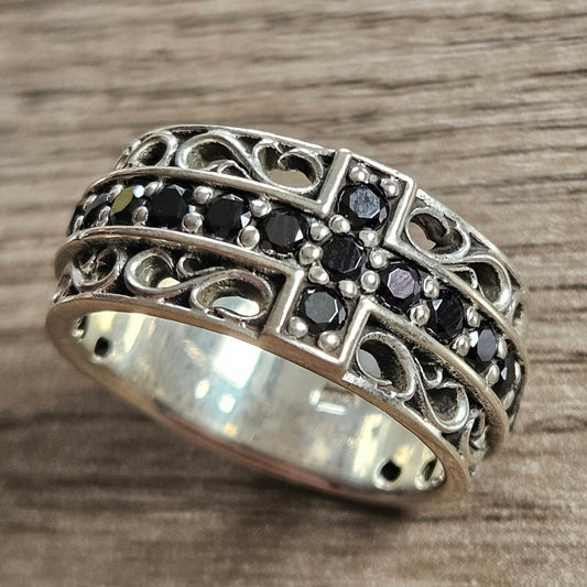 NEW Sterling Silver 925, Black Onyx Cross Band Ring, Size W