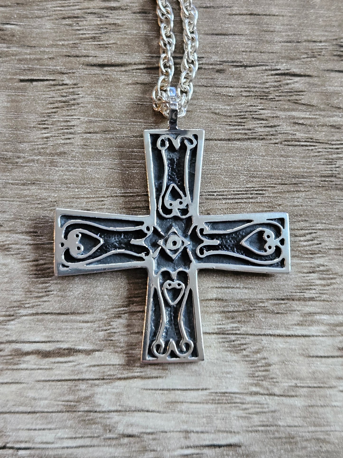 925 Silver Patterned Celtic Cross Pendant, Necklace And Chain. Scottish, 1980.