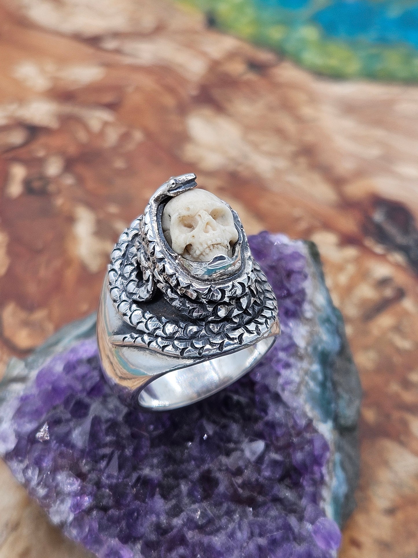 Sterling Silver Skull Snake Ring 925 Solid Heavy, Made By Gypsy Silver. Size N 1/2