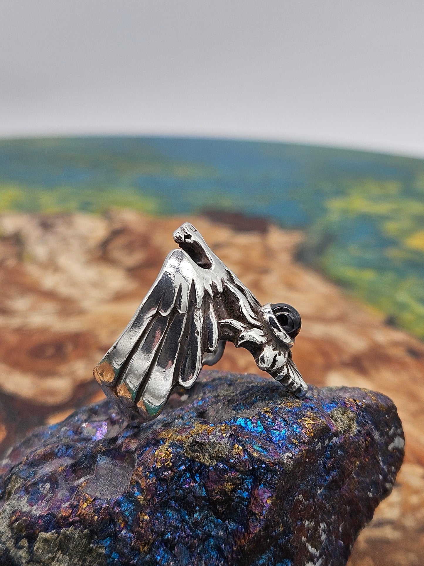 Great Frog - Garnet Phoenix Ring, Silver 925, Size P 1/2