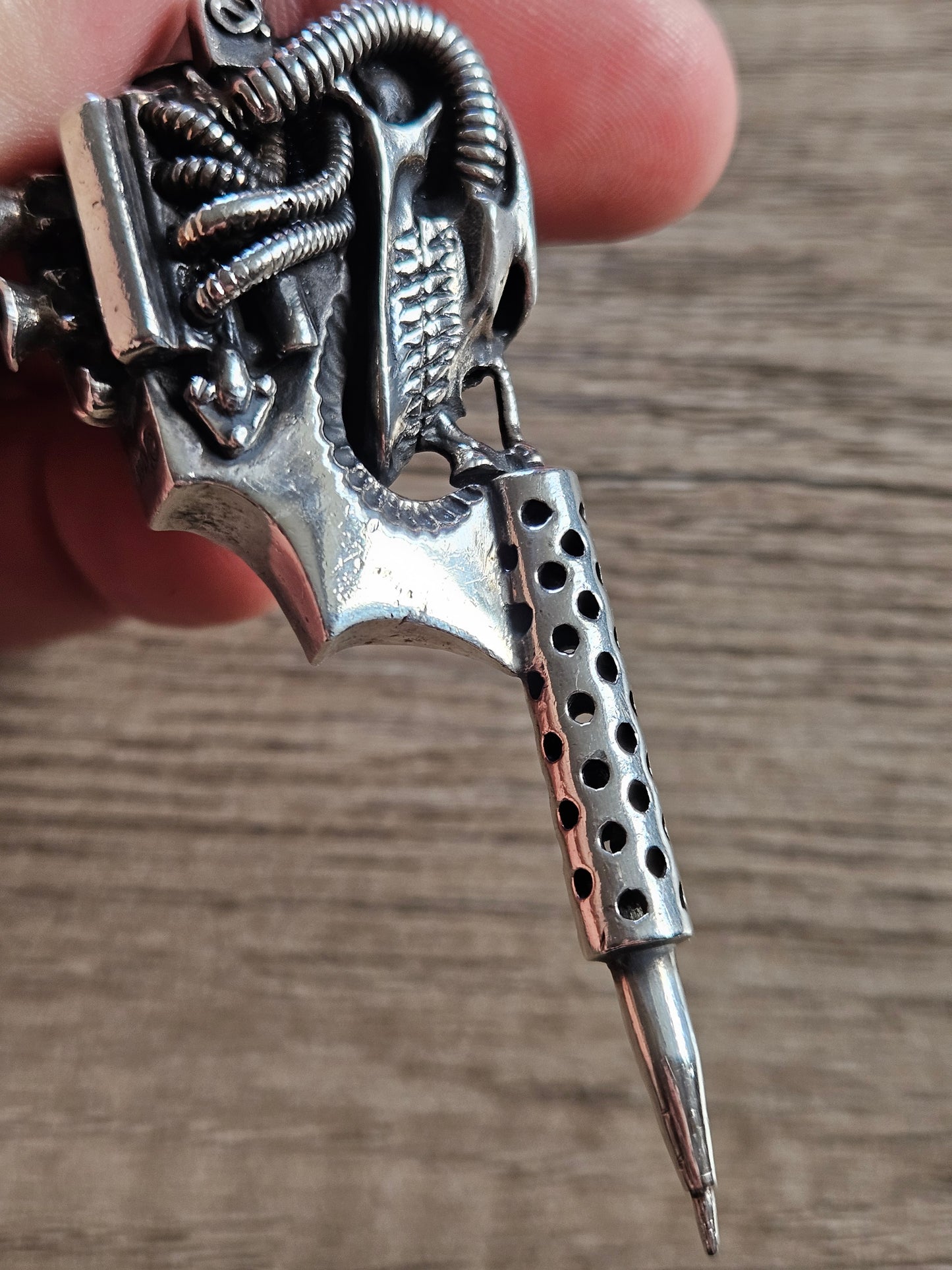 William Llewelyn Griffiths Biomechanical Skull Tattoo Machine Gun Pendant 925