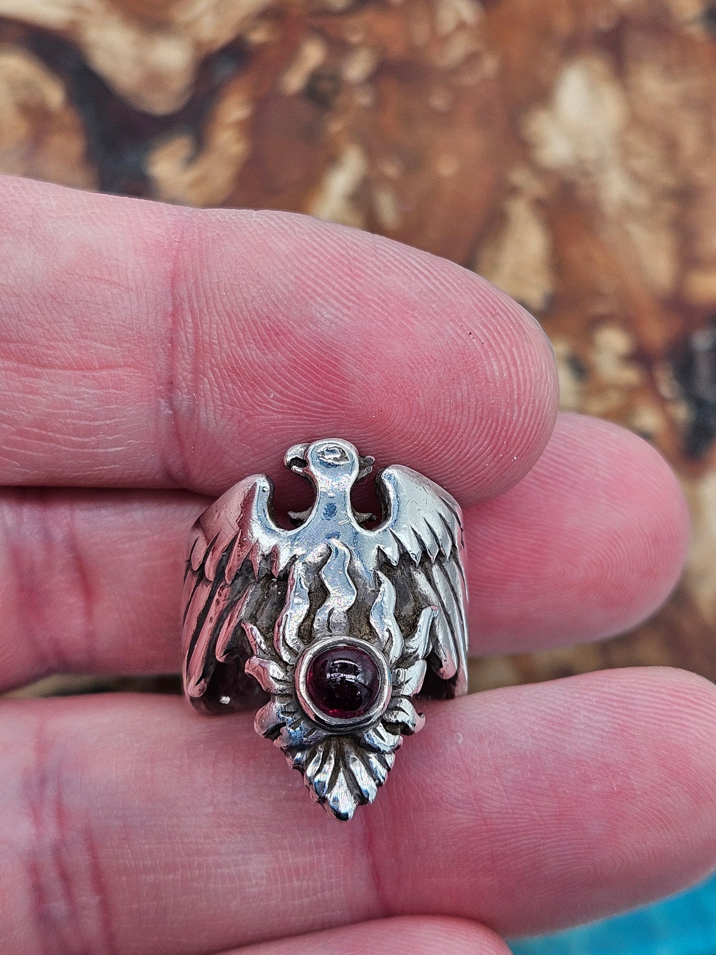 Great Frog - Garnet Phoenix Ring, Silver 925, Size P 1/2