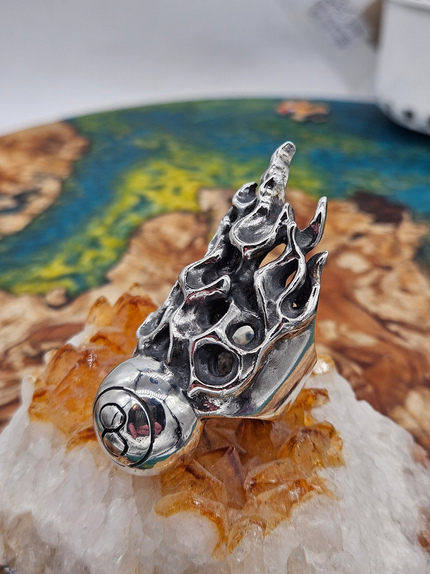 Huge Flaming Eightball Ring - 80 Grams, UK Size W, Wildcat Collection.