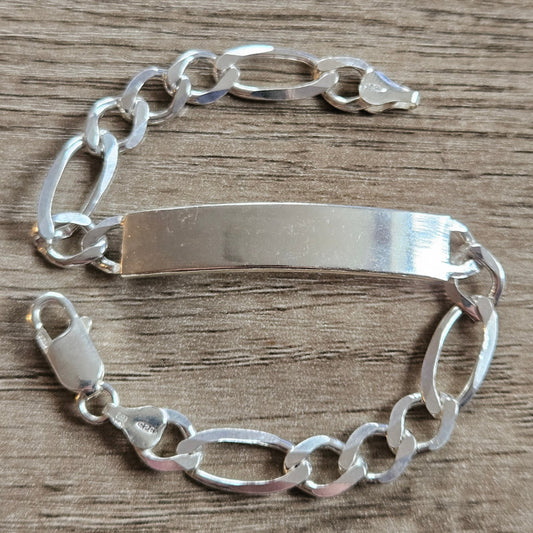 NEW Figaro 925 Silver ID Bracelet. 21.5cm Long, 9mm Wide. 18g