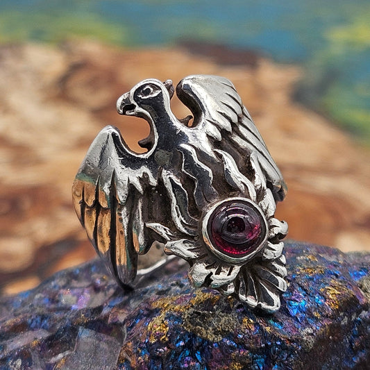 Great Frog - Garnet Phoenix Ring, Silver 925, Size P 1/2