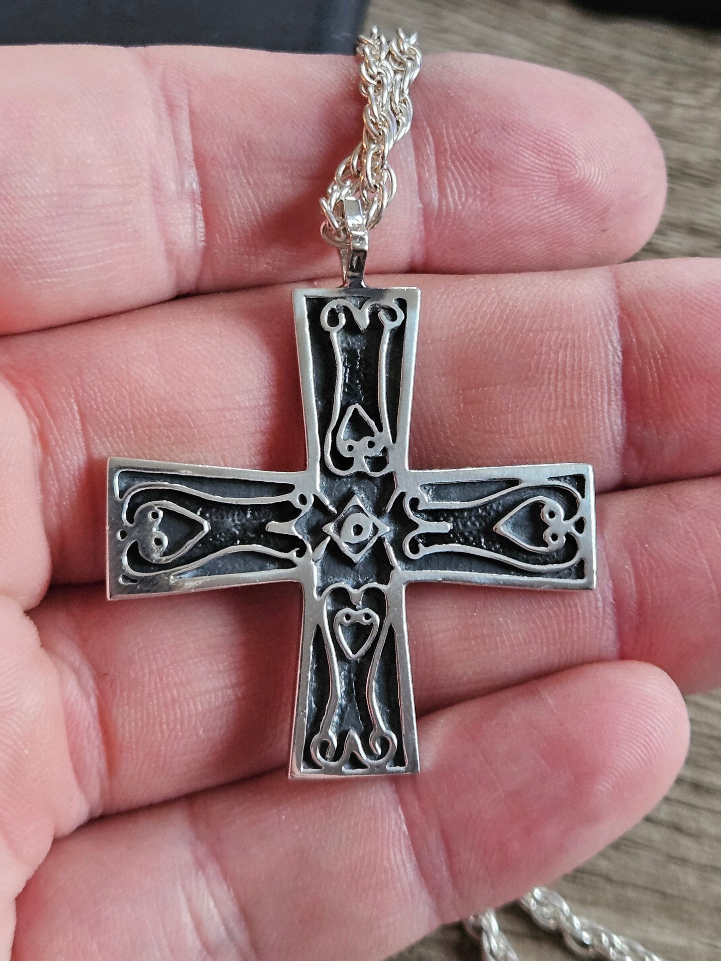 925 Silver Patterned Celtic Cross Pendant, Necklace And Chain. Scottish, 1980.