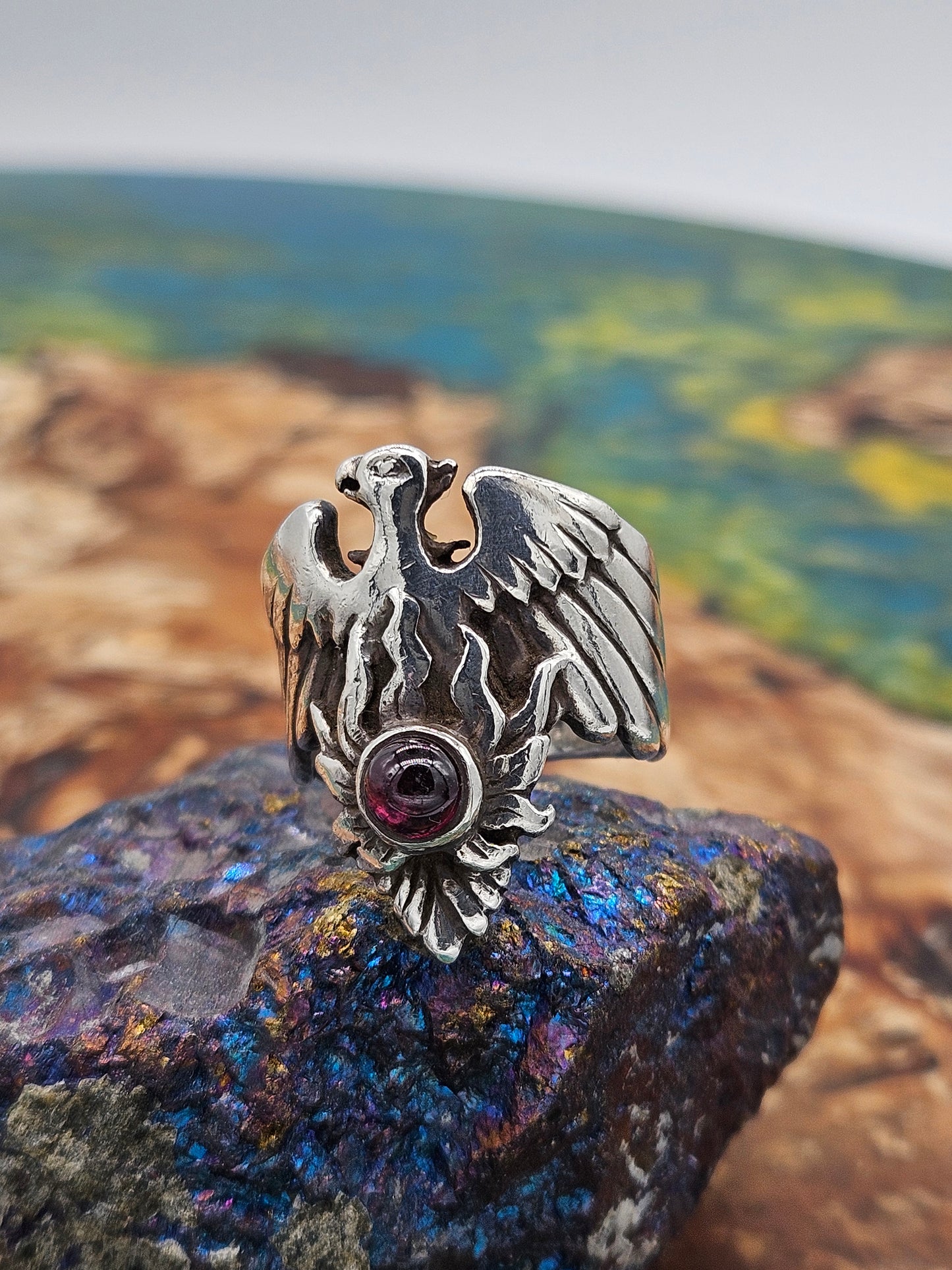 Great Frog - Garnet Phoenix Ring, Silver 925, Size P 1/2