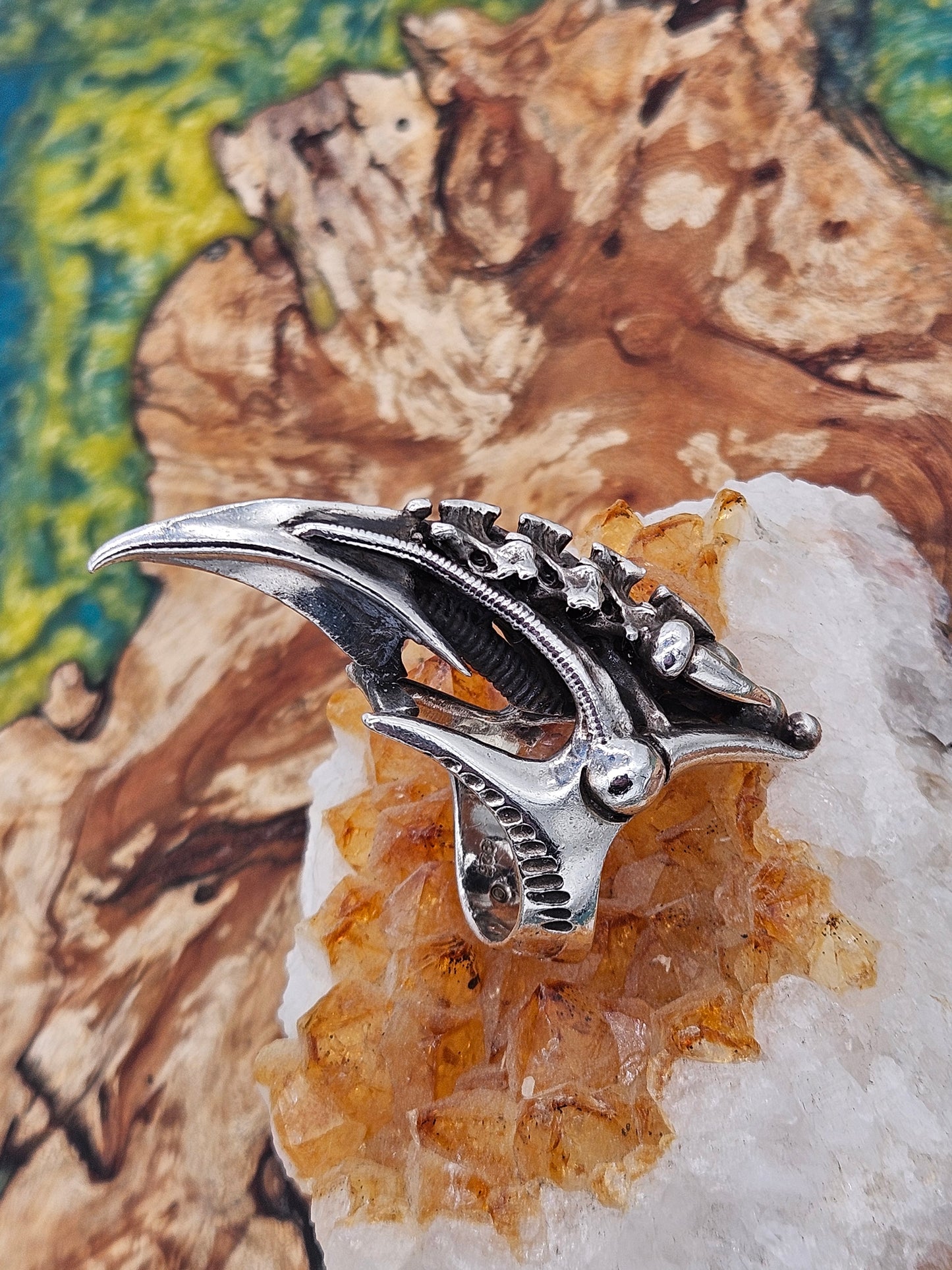 BIOMECHANICAL SILVER 925 CLAW RING. GOTHIC. UK Size U