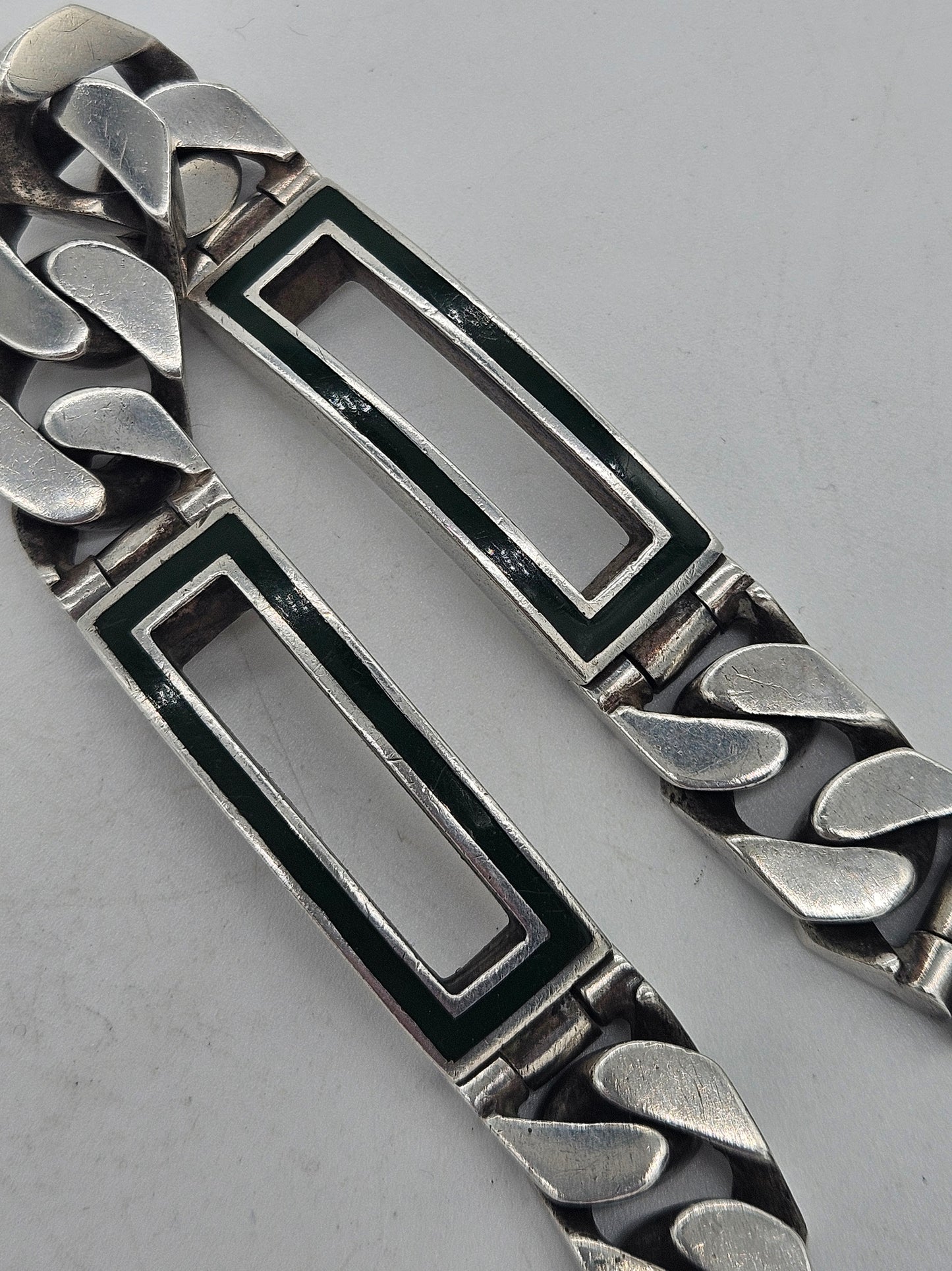Mappin and Webb Green Enamel Mens I.D Sterling Silver Bracelet.