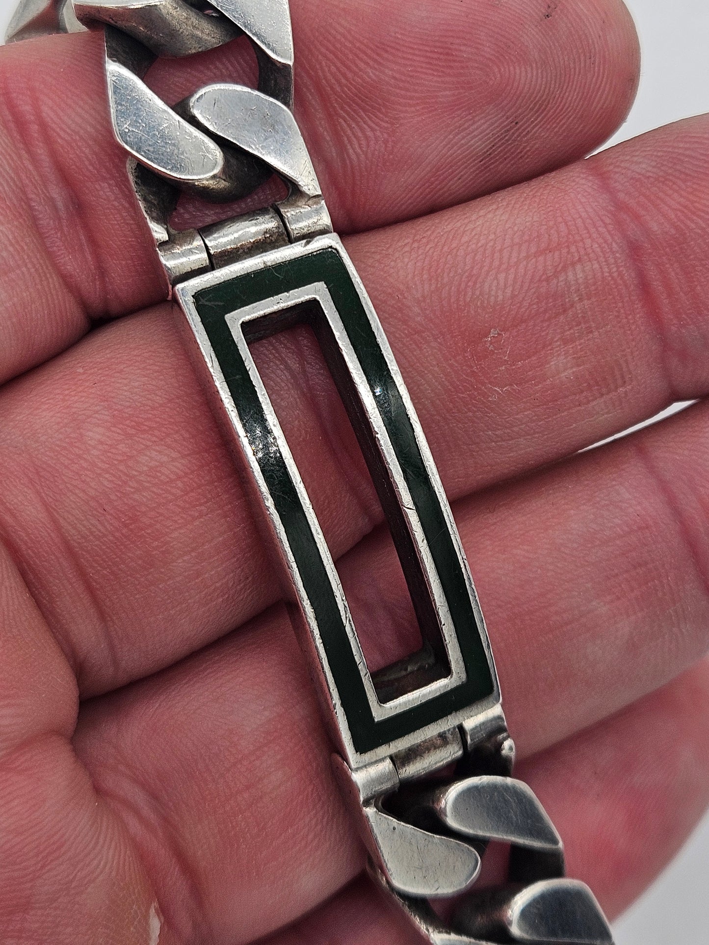 Mappin and Webb Green Enamel Mens I.D Sterling Silver Bracelet.