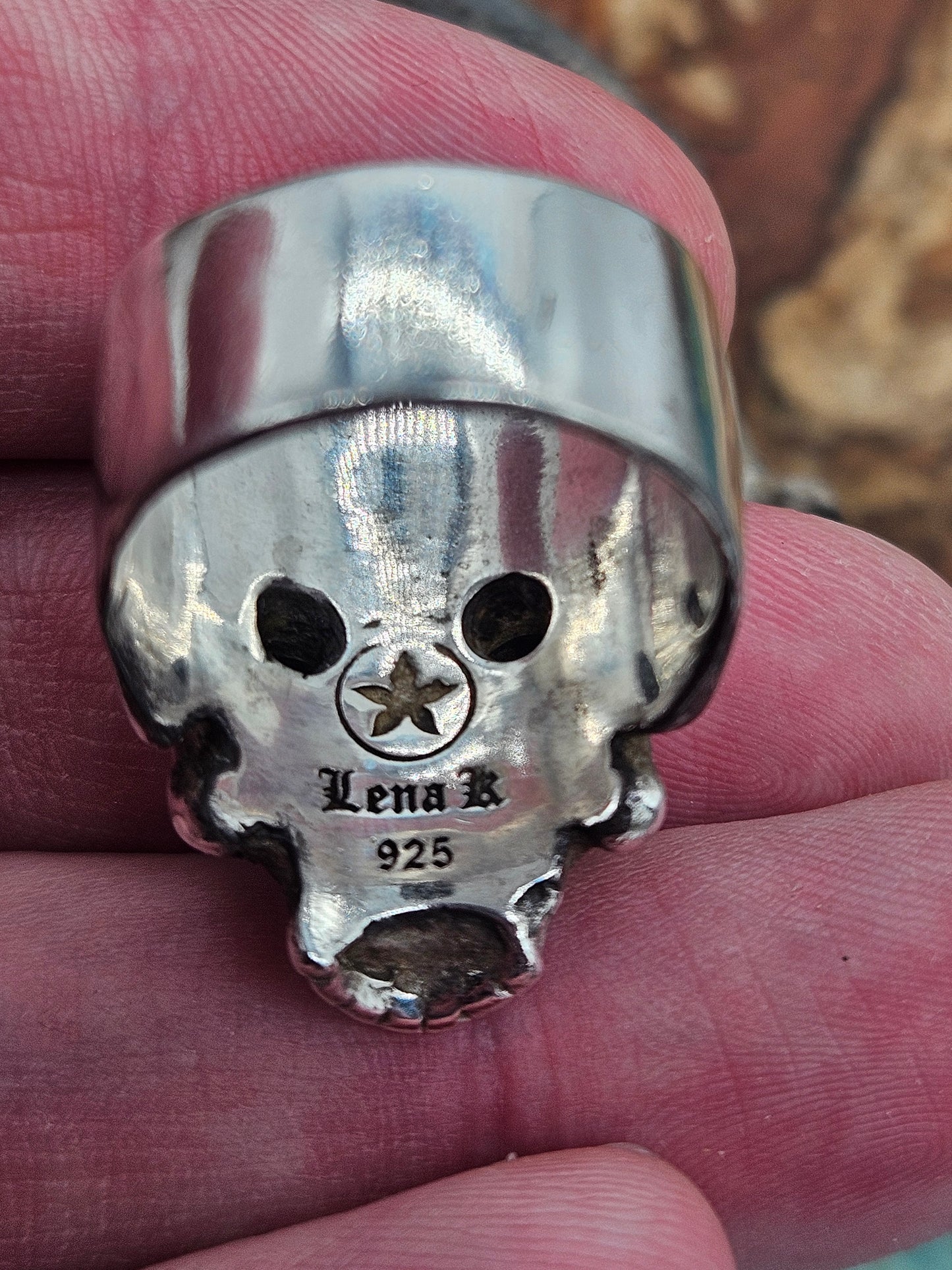 Vintage "Lena K" Skull Ring - UK Size V, Silver 925, Green Stones