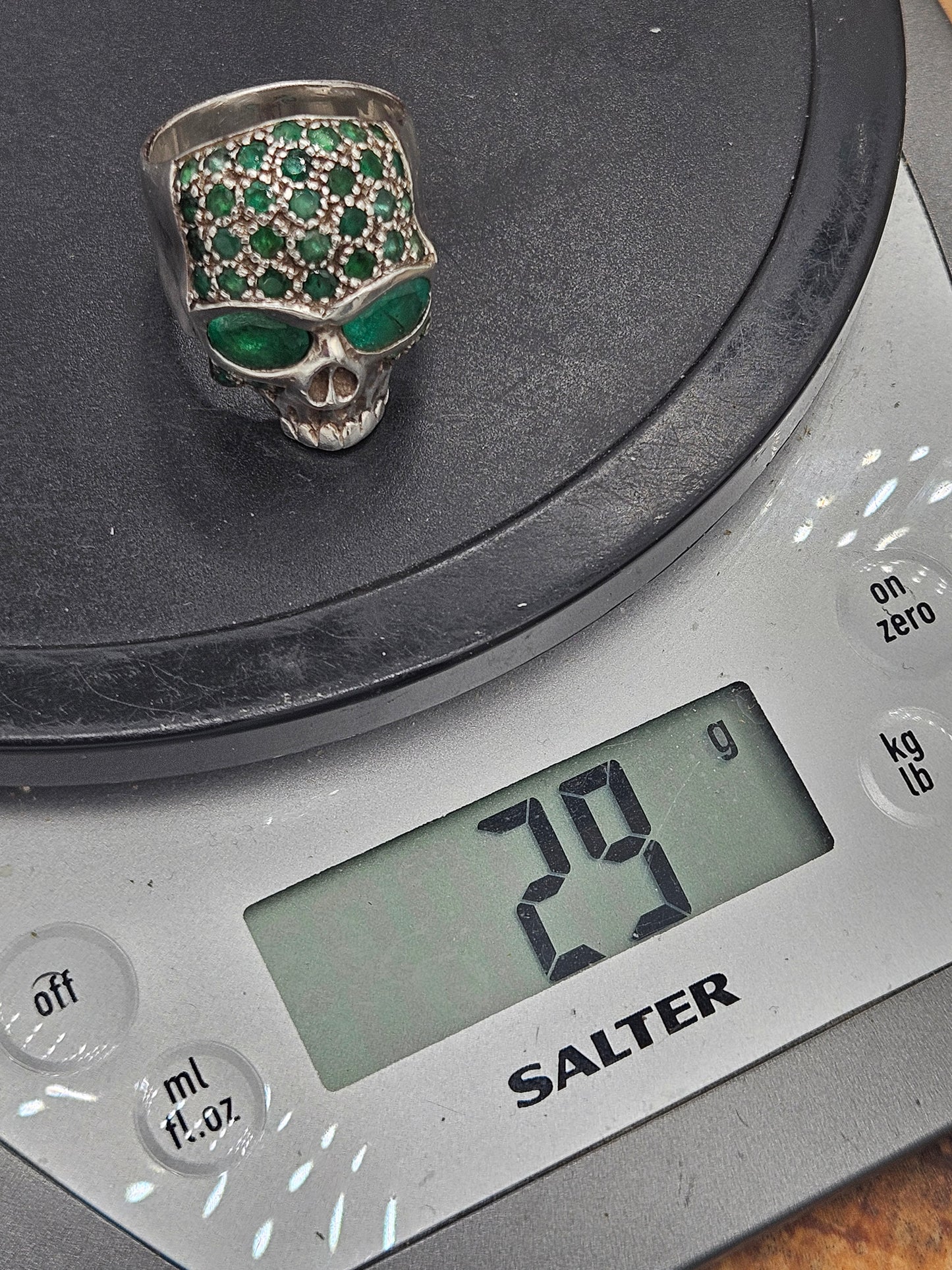 Vintage "Lena K" Skull Ring - UK Size V, Silver 925, Green Stones