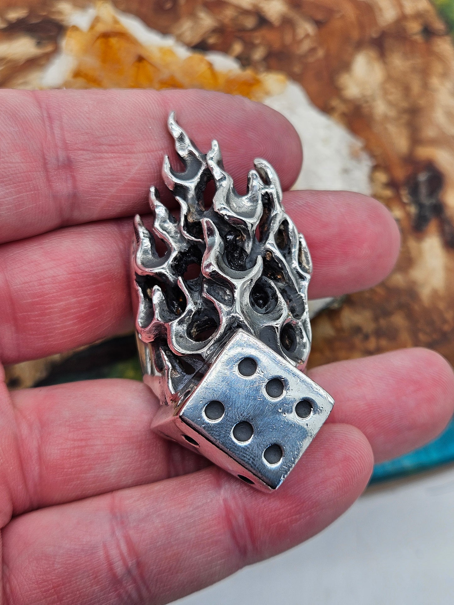 Huge Flaming Dice Ring - 89 Grams, UK Size Z+7