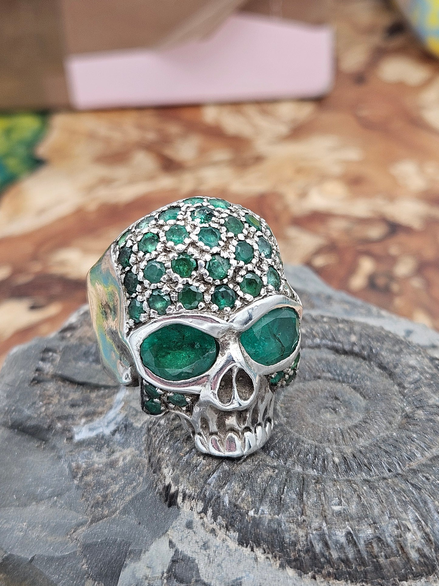 Vintage "Lena K" Skull Ring - UK Size V, Silver 925, Green Stones