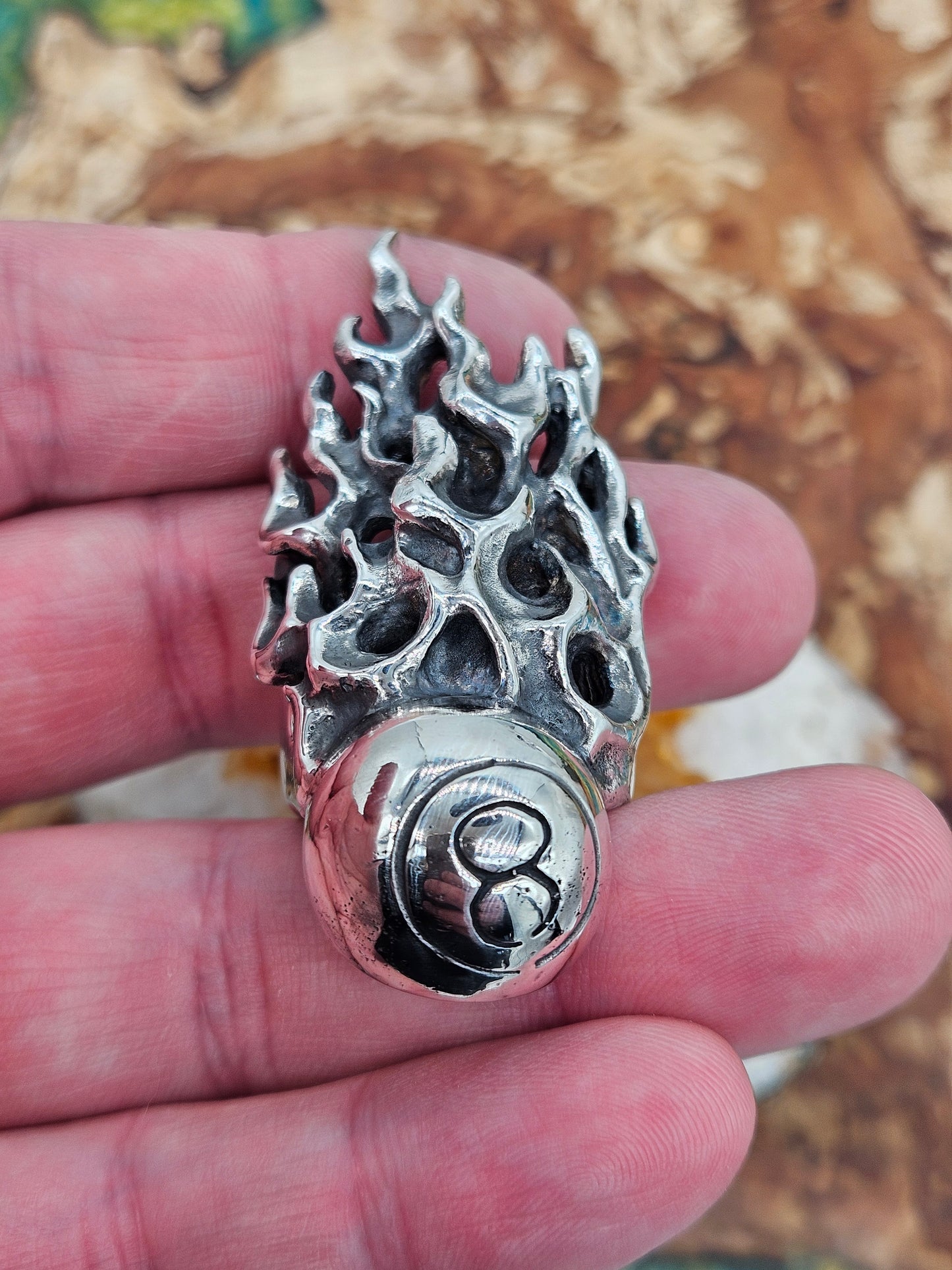 Huge Flaming Eightball Ring - 80 Grams, UK Size W, Wildcat Collection.