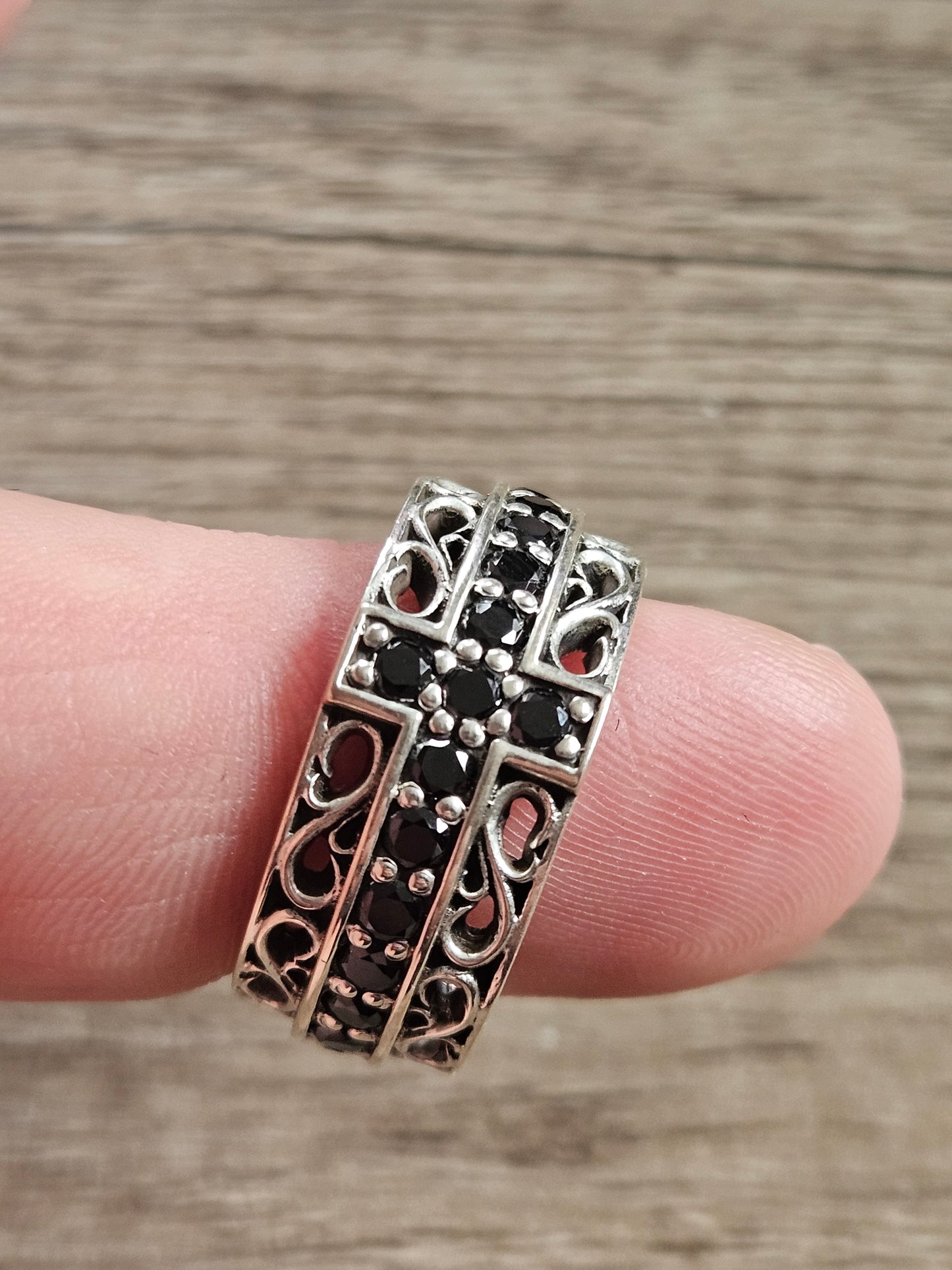 NEW Sterling Silver 925, Black Onyx Cross Band Ring, Size W