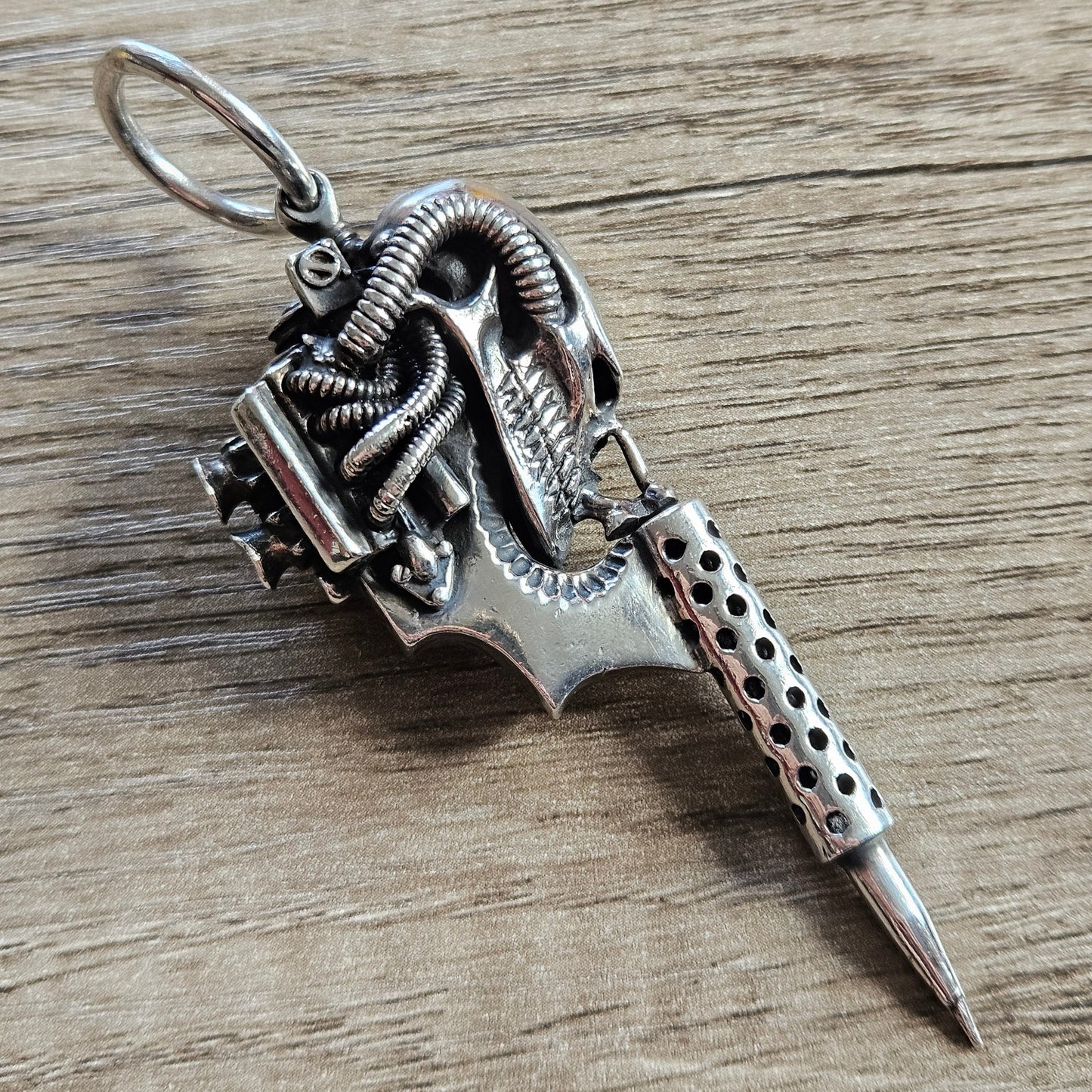 William Llewelyn Griffiths Biomechanical Skull Tattoo Machine Gun Pendant 925