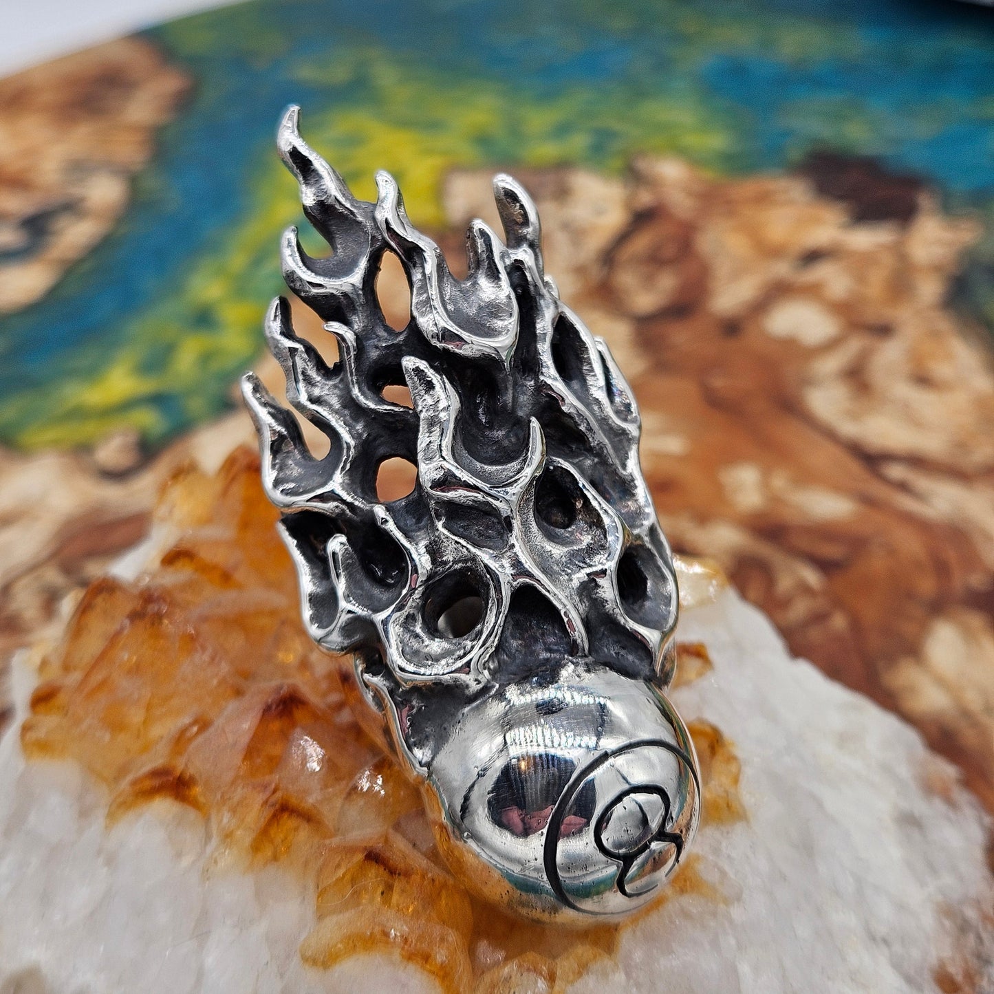 Huge Flaming Eightball Ring - 80 Grams, UK Size W, Wildcat Collection.