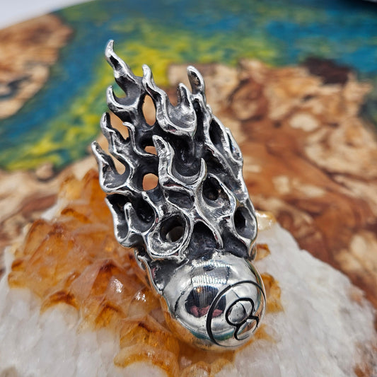 Huge Flaming Eightball Ring - 80 Grams, UK Size W, Wildcat Collection.