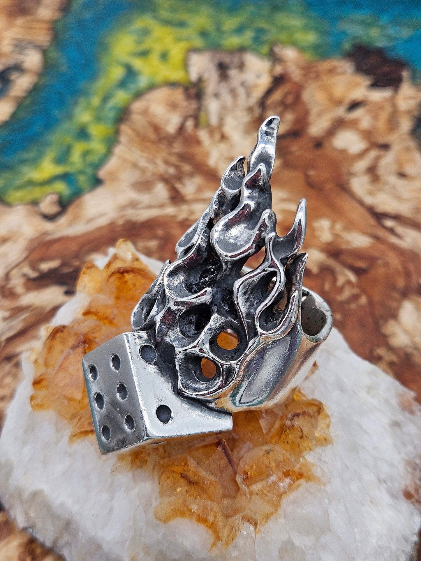 Huge Flaming Dice Ring - 89 Grams, UK Size Z+7