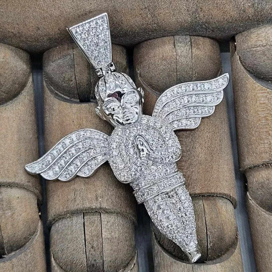 925 Sterling Silver Winged Angel, Cherub, Praying Hands Pendant. New