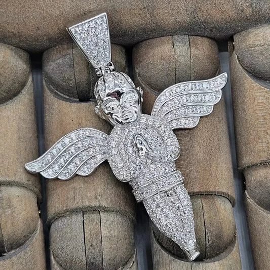 925 Sterling Silver Winged Angel, Cherub, Praying Hands Pendant. New