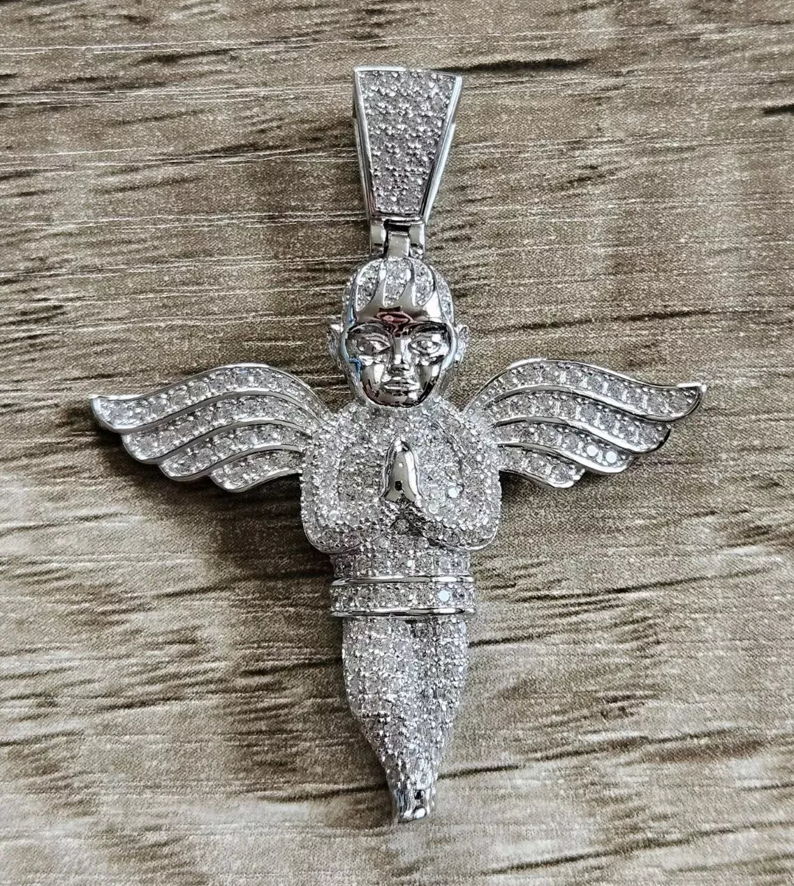925 Sterling Silver Winged Angel, Cherub, Praying Hands Pendant. New
