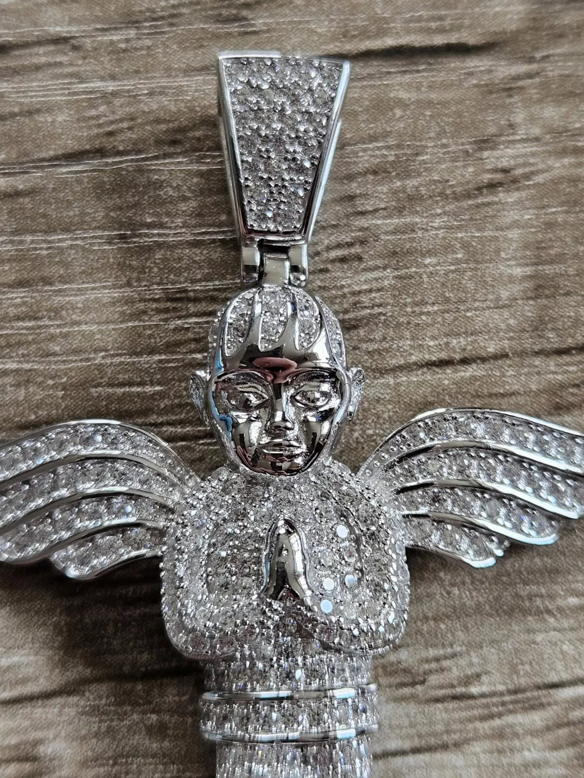 925 Sterling Silver Winged Angel, Cherub, Praying Hands Pendant. New