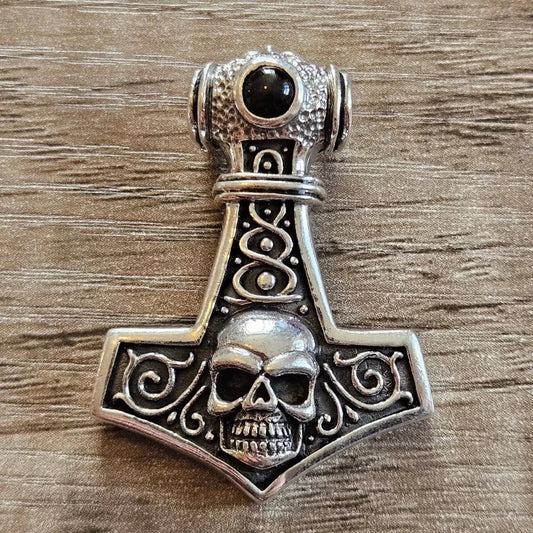 Thors Hammer Skull Onyx Pendant 925 Sterling silver Mjolnir Biker Celtic.