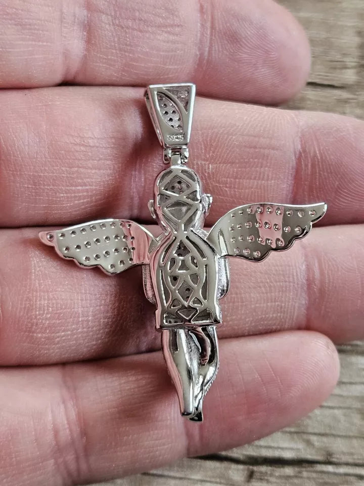 925 Sterling Silver Winged Angel, Cherub, Praying Hands Pendant. New