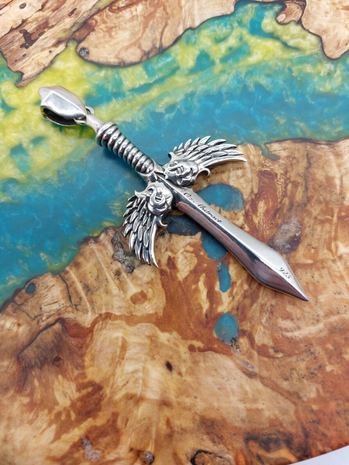 HUGE SOLID SILVER 925 SWORD OF GABRIEL PENDANT - OZ ABSTRACT, JAPANESE IMPORT