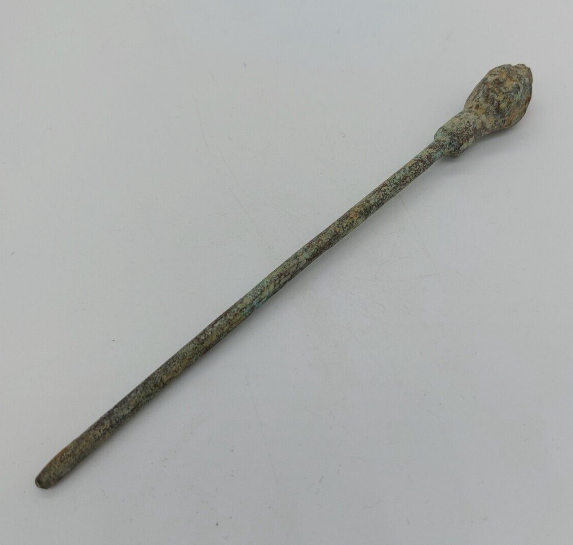 Ancient Roman Bronze hair Pin of A Female bust. 16.5cm Long!