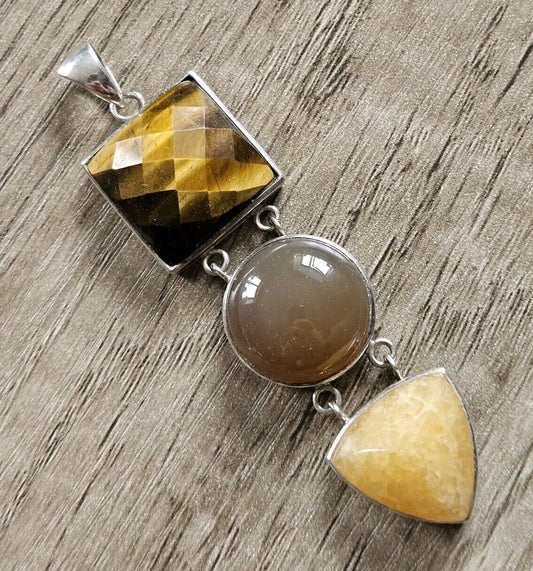 Sterling Silver 925 Pendant With Large Stones - Tigers Eye, Amber? 