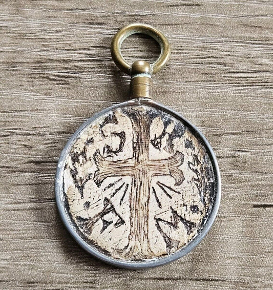 Vintage Ww1 / Ww2 "TRENCH ART" Pendent/Lucky charm, Hand Carved. Cross And Skull