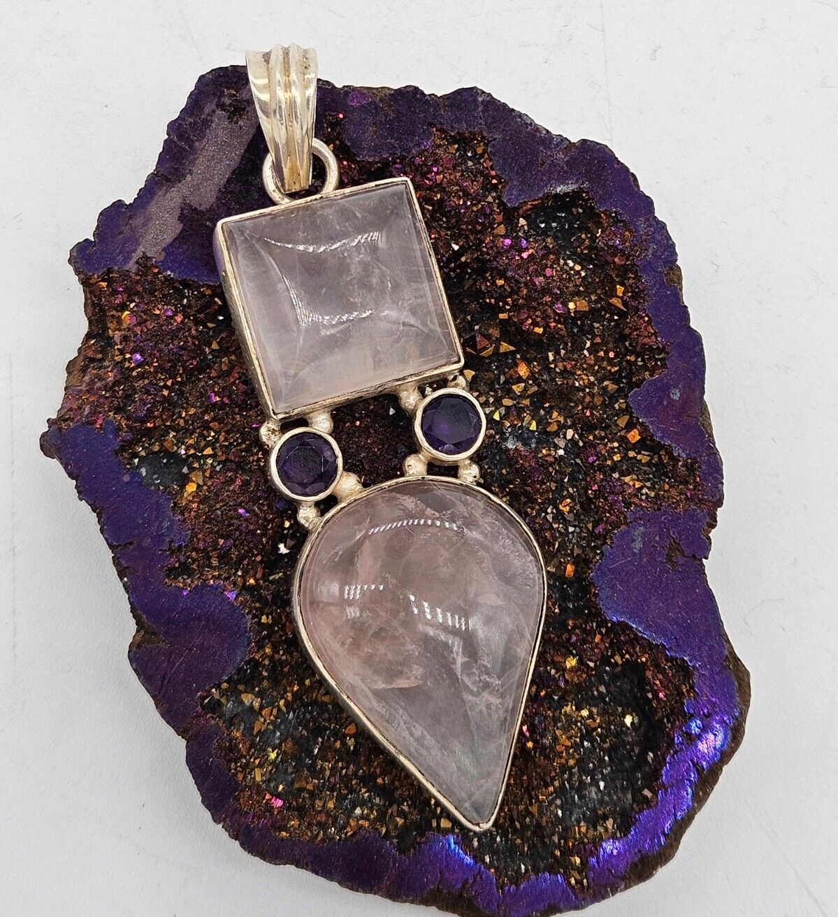 Silver 925 Huge Rose Quartz And Purple Amethyst Pendant.