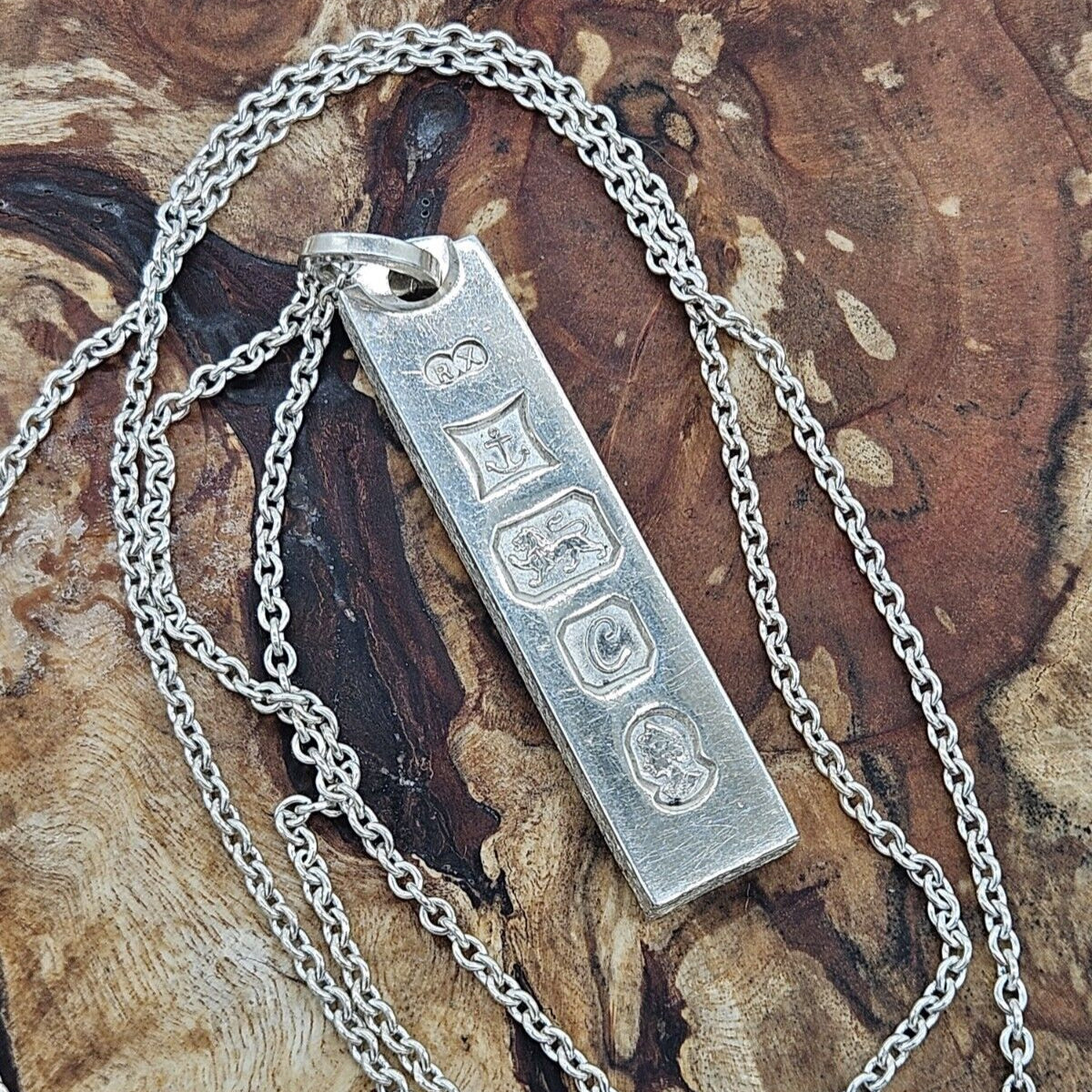 VINTAGE SOLID SILVER 925 BULLION INGOT PENDANT NECKLACE 21.2g, 24" Chain.